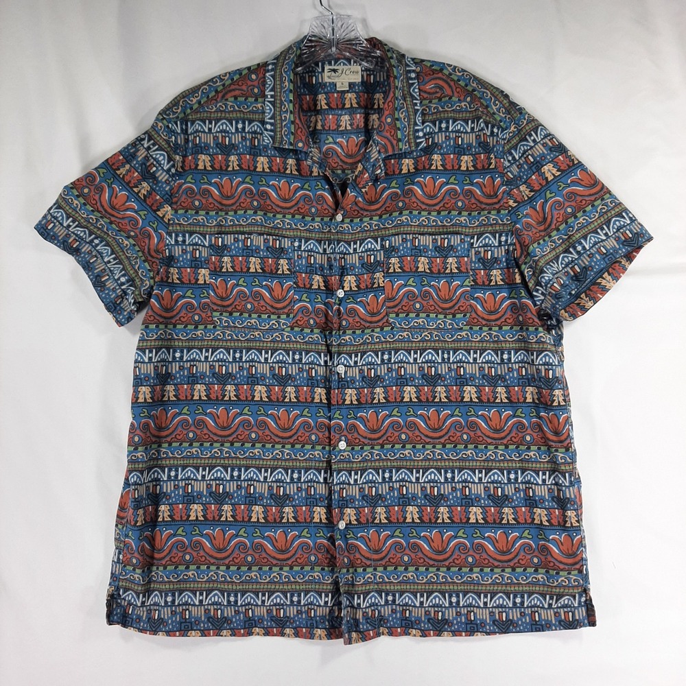 J.Crew Mens Large Tribal Geometric Print Short Sleeve Cotton Button Down Shirt